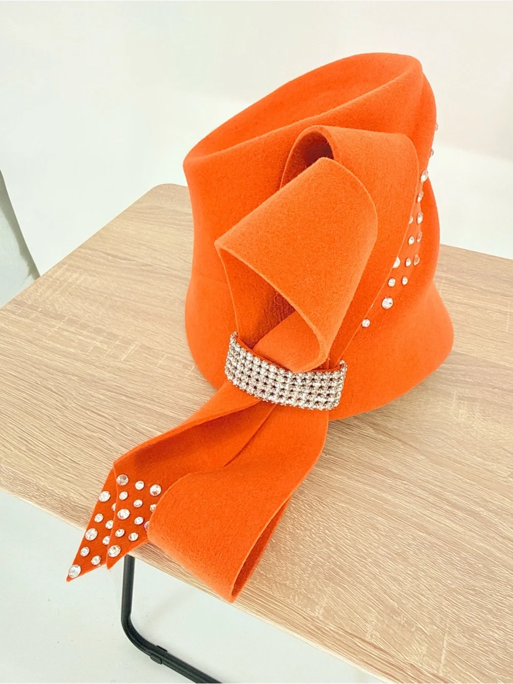 Vintage Tim Crawford Wool Cloche Hat Burnt Orange Rhinestone Bow Opening Day US